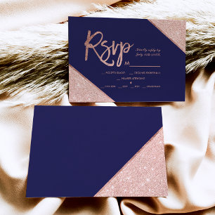 Rose gold glitter script navy blue rsvp wedding 2 card