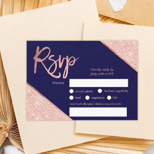 Rose gold glitter script navy blue rsvp wedding  card