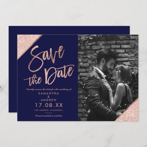 Rose gold glitter script navy blue save the date