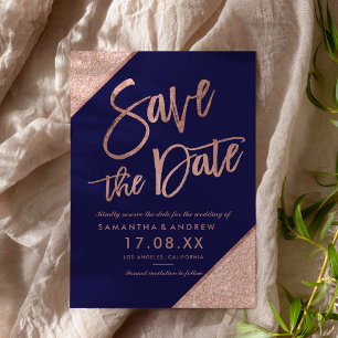 Rose gold glitter script navy blue save the date