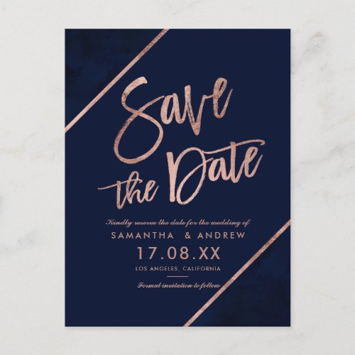 Rose gold glitter script navy blue save the date 2 announcement postcard