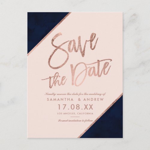 Rose gold glitter script navy blue save the date announcement postcard