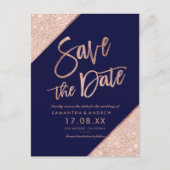 Rose gold glitter script navy blue save the date announcement postcard (Front)