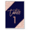 Rose gold glitter script navy blue table number