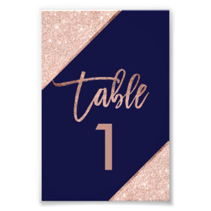 Rose gold glitter script navy blue table number photo print