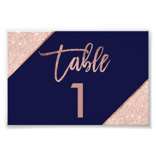 Rose gold glitter script navy blue table number  photo print