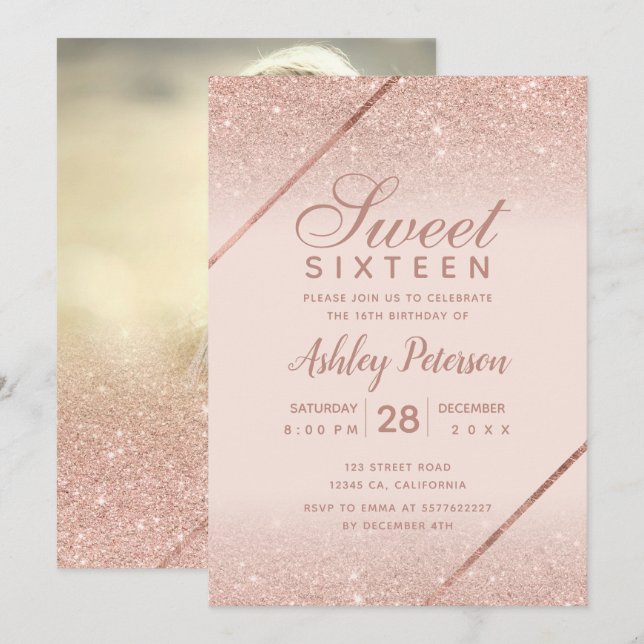 Rose gold glitter script photo blush pink Sweet 16 Invitation (Front/Back)