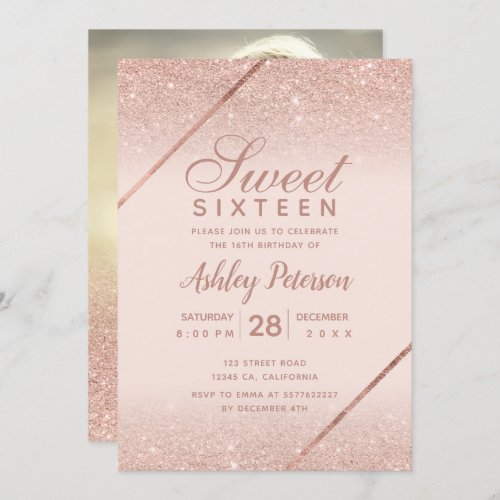 Rose gold glitter script photo blush pink Sweet 16 Invitation