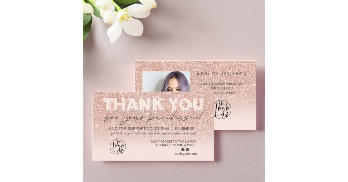 Rose gold glitter script photo logo thank you business card | Zazzle