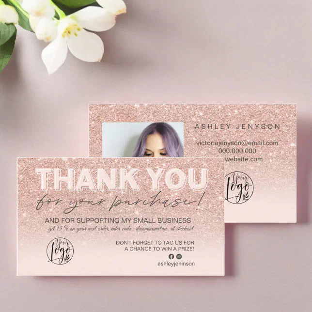 Rose gold glitter script photo logo thank you business card | Zazzle