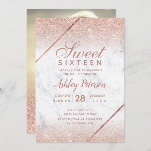 Rose gold glitter script photo marble Sweet 16 Invitation