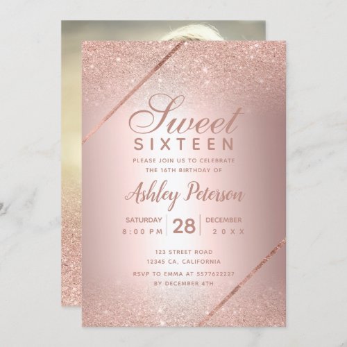 Rose gold glitter script photo metallic Sweet 16 Invitation