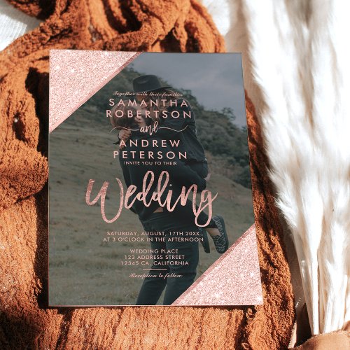 Rose gold glitter script photo navy blue wedding invitation