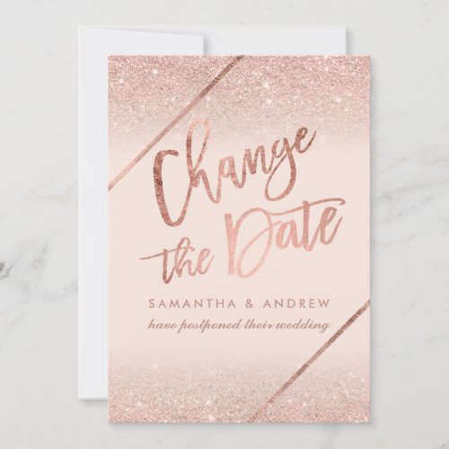 Rose gold glitter script pink change the date save the date