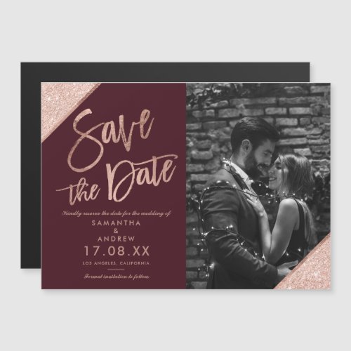 Rose gold glitter script red photo save the date