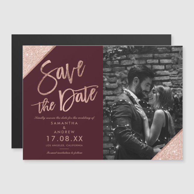 Rose gold glitter script red photo save the date (Front/Back)