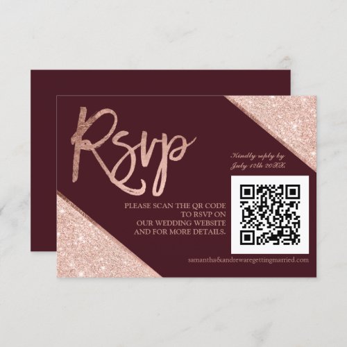 Rose gold glitter script red QR code rsvp wedding