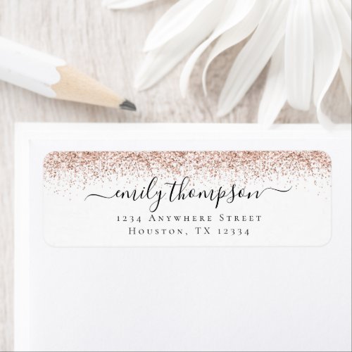 Rose Gold Glitter Script Return Name Address  Label