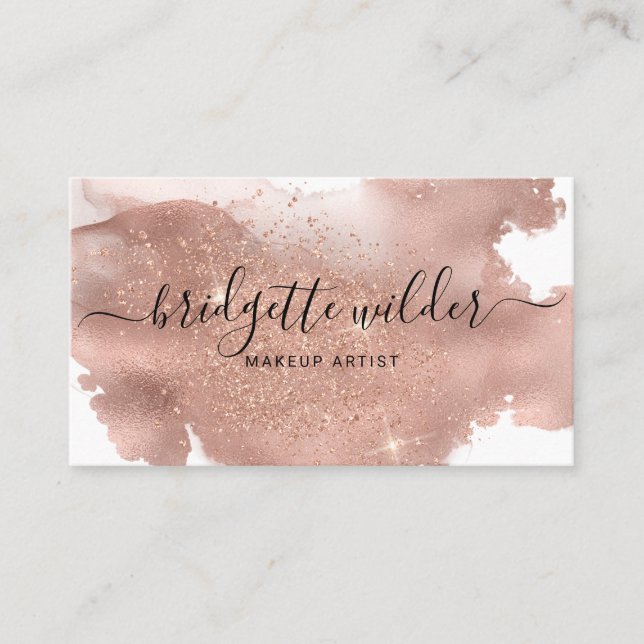 Rose Gold Glitter Script Signature Makeup Artist Business Card (Front)