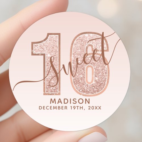 Rose Gold Glitter Script Sweet 16 Birthday Classic Round Sticker