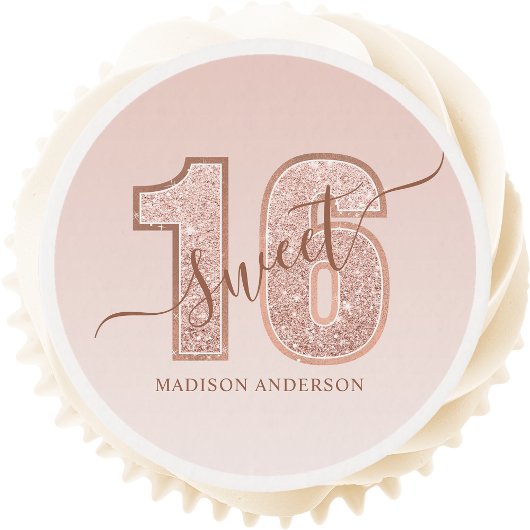 Rose Gold Glitter Script Sweet 16 Birthday Edible Frosting Rounds