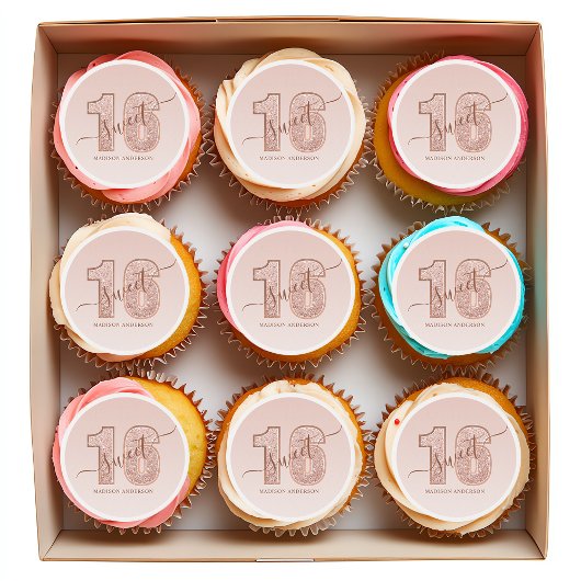 Rose Gold Glitter Script Sweet 16 Birthday Edible Frosting Rounds