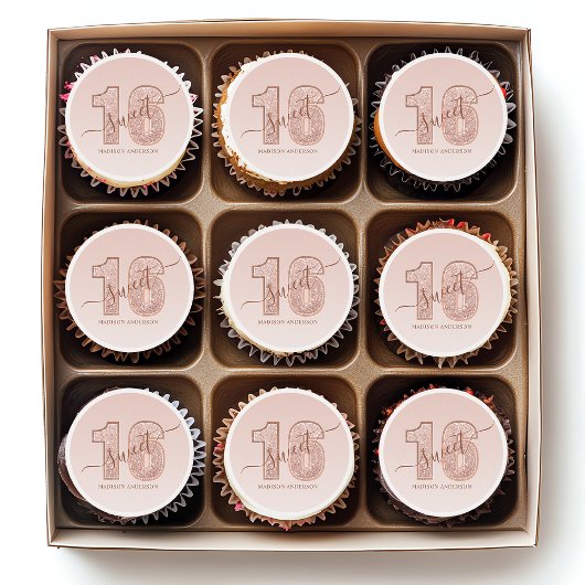Rose Gold Glitter Script Sweet 16 Birthday Edible Frosting Rounds