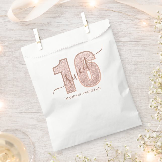 Rose Gold Glitter Script Sweet 16 Birthday Favor Bag (Clipped)