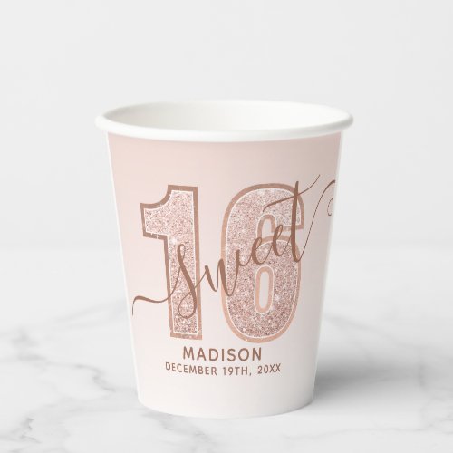 Rose Gold Glitter Script Sweet 16 Birthday Paper Cups