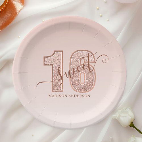 Rose Gold Glitter Script Sweet 16 Birthday Paper Plates