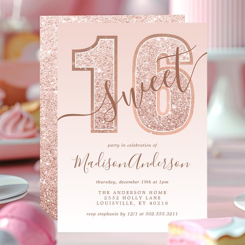 Rose Gold Glitter Script Sweet 16 Birthday Party Invitation