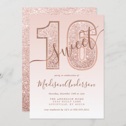 Rose Gold Glitter Script Sweet 16 Birthday Party Invitation