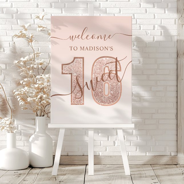 Rose Gold Glitter Script Sweet 16 Birthday Welcome Foam Board (Creator Uploaded)