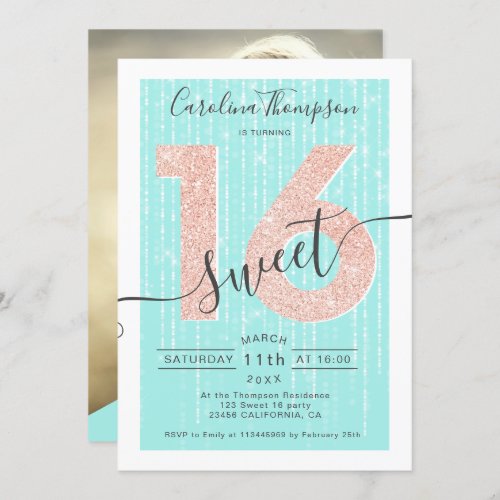 Rose gold glitter script teal light Sweet 16 photo Invitation