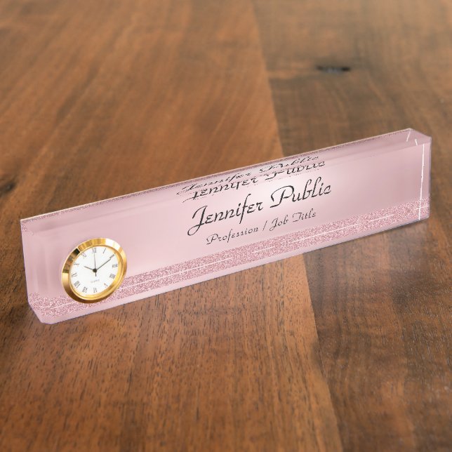 Rose Gold Glitter Script Template With Clock Desk Name Plate (Side)