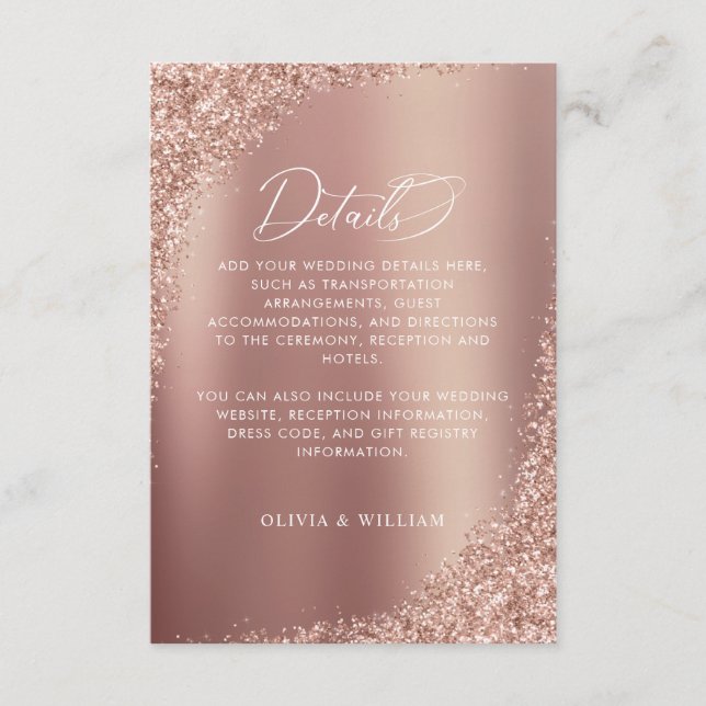 Rose Gold Glitter Script Wedding Details Enclosure Card (Front)