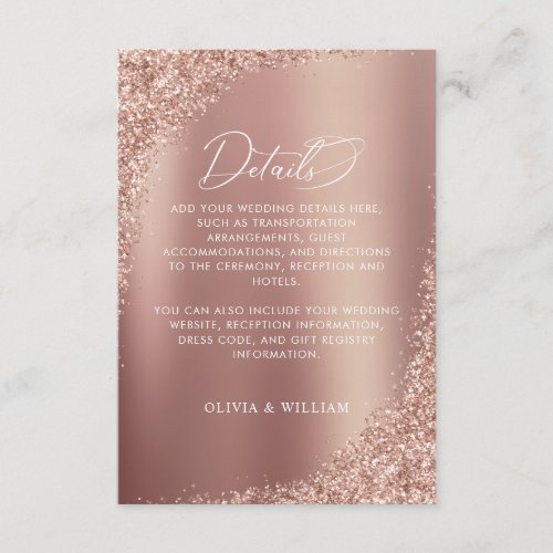 Rose Gold Glitter Script Wedding Details Enclosure Card
