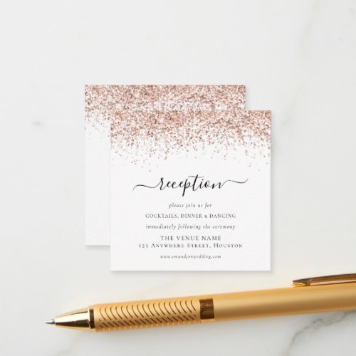 Rose Gold Glitter Script Wedding Reception Details Enclosure Card
