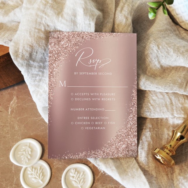 Rose Gold Glitter Script Wedding RSVP Card (Creator Uploaded)