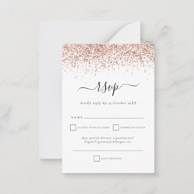 Rose Gold Glitter Script Wedding RSVP Enclosure Ca Note Card (Front)