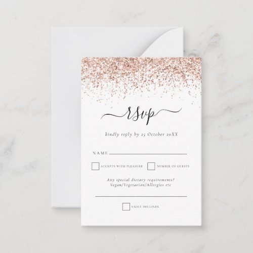 Rose Gold Glitter Script Wedding RSVP Enclosure Ca Note Card