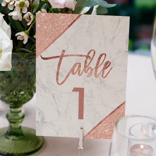 Rose gold glitter script white marble table number