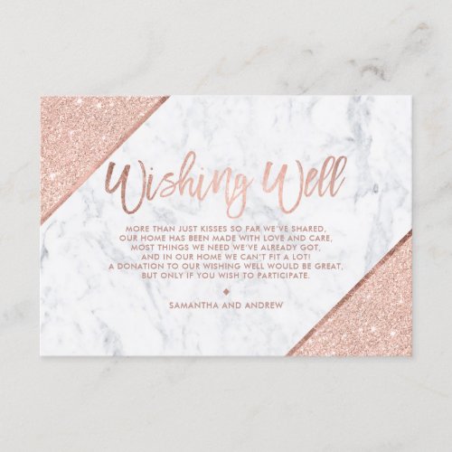 Rose gold glitter script white marble wishing well enclosure card
