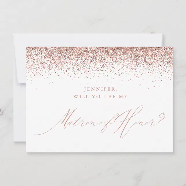 Rose Gold Glitter Script White Matron of Honor Invitation | Zazzle