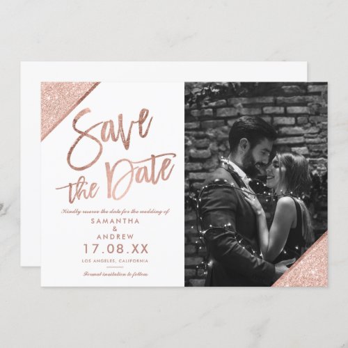 Rose gold glitter script white photo save the date