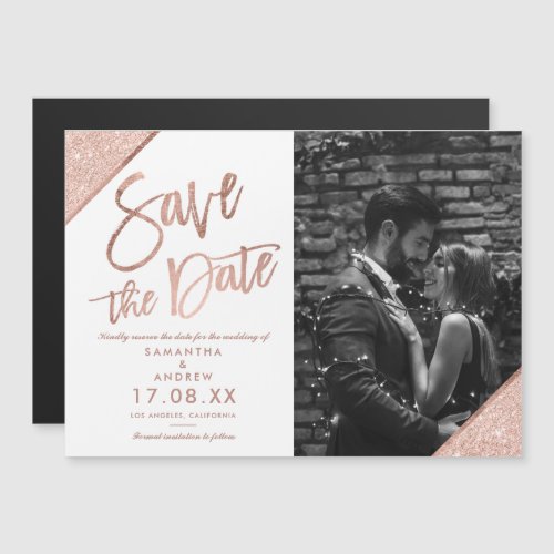 Rose gold glitter script white photo save the date