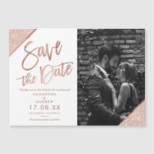 Rose gold glitter script white photo save the date (Front)