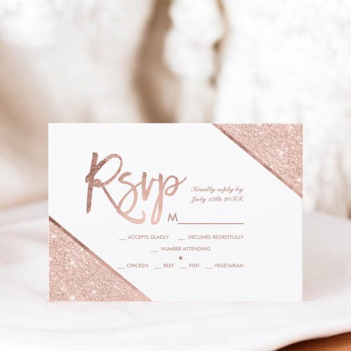 Rose gold glitter script white rsvp wedding