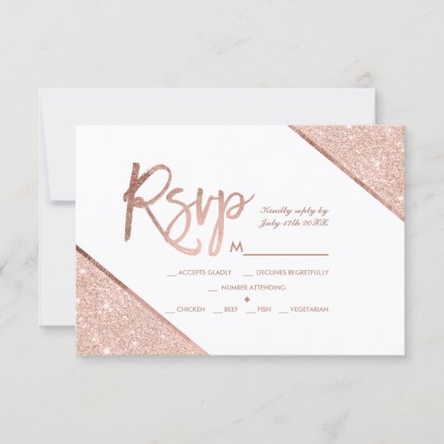 Rose gold glitter script white rsvp wedding