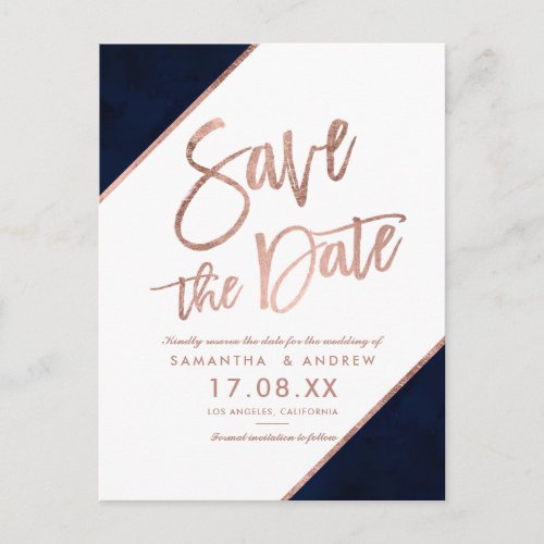 Rose gold glitter script white save the date announcement postcard